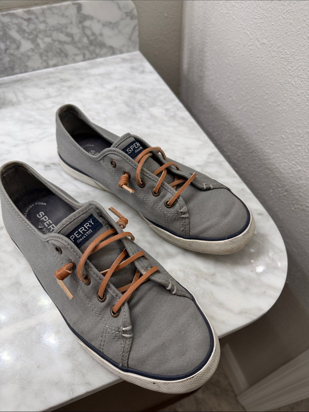 Sperry Gray Canvas Boat Shoes with Tan Laces